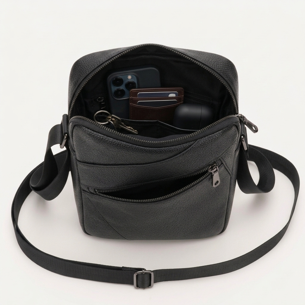 Men's Full-Grain Leather Compact Crossbody Messenger Bag — open from above with a phone, wallet, keys and earbuds case inside