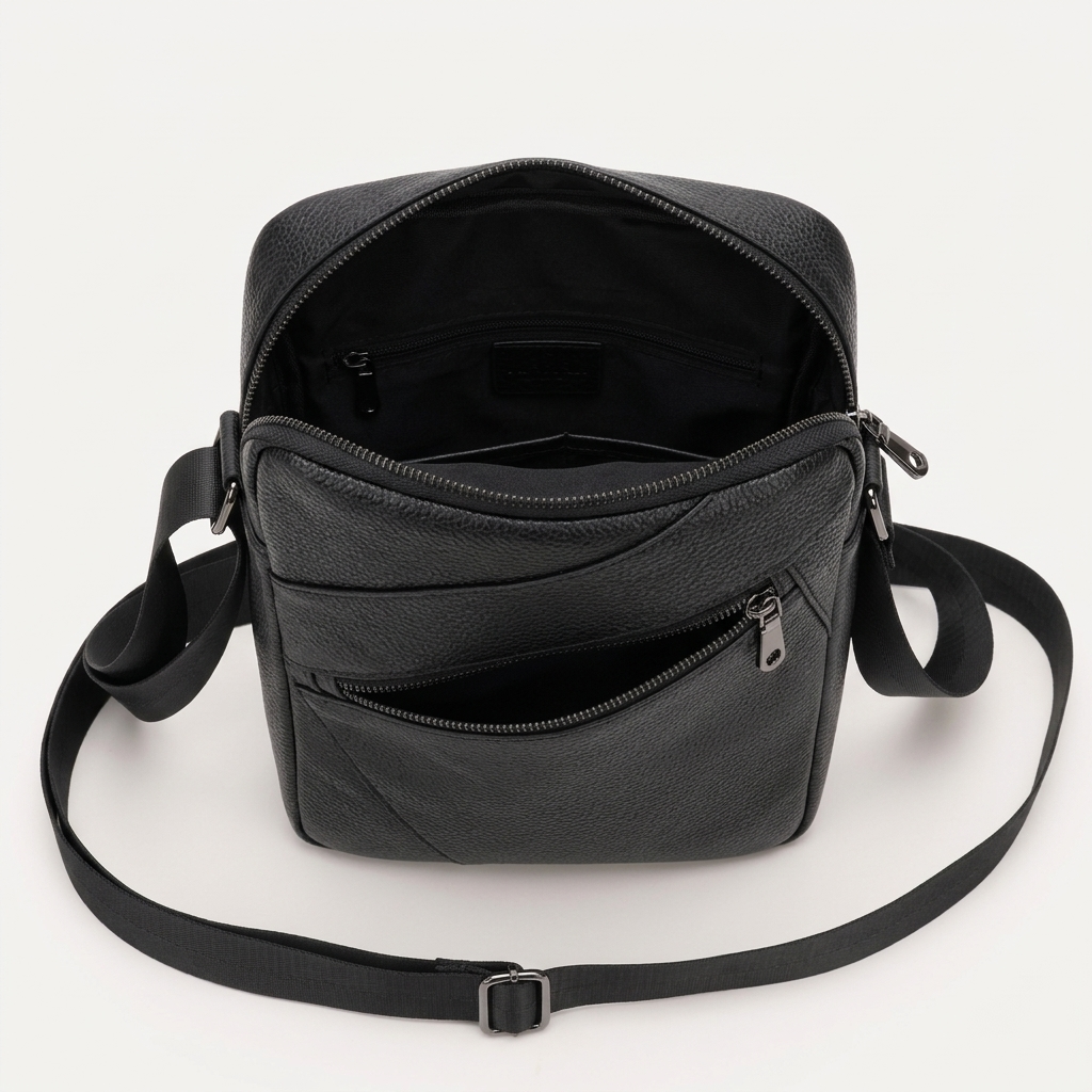 Men's Full-Grain Leather Compact Crossbody Messenger Bag — open from above, empty interior