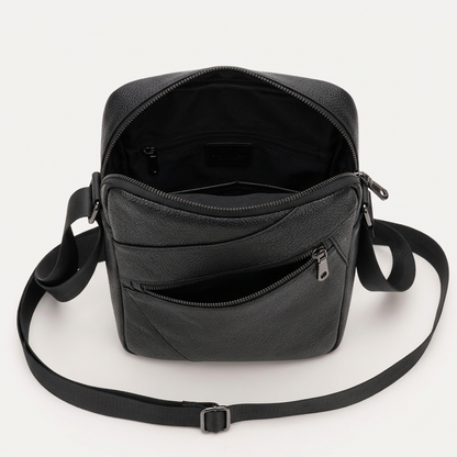 Men's Full-Grain Leather Compact Crossbody Messenger Bag — open from above, empty interior