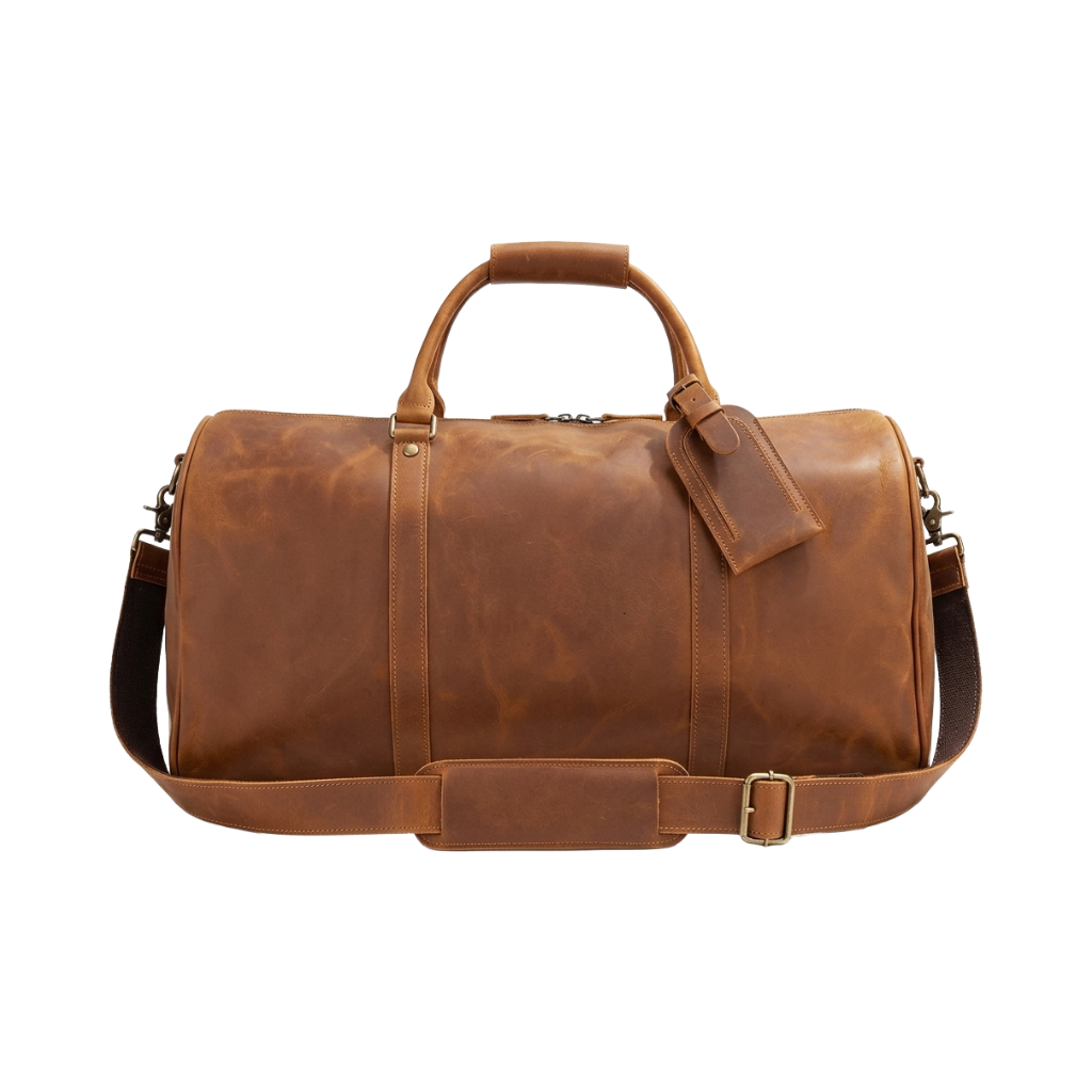 Men's Full-Grain Leather Duffle Bag with Luggage Tag — front view in Brown