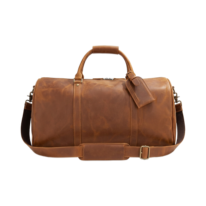 Men's Full-Grain Leather Duffle Bag with Luggage Tag — front view in Brown