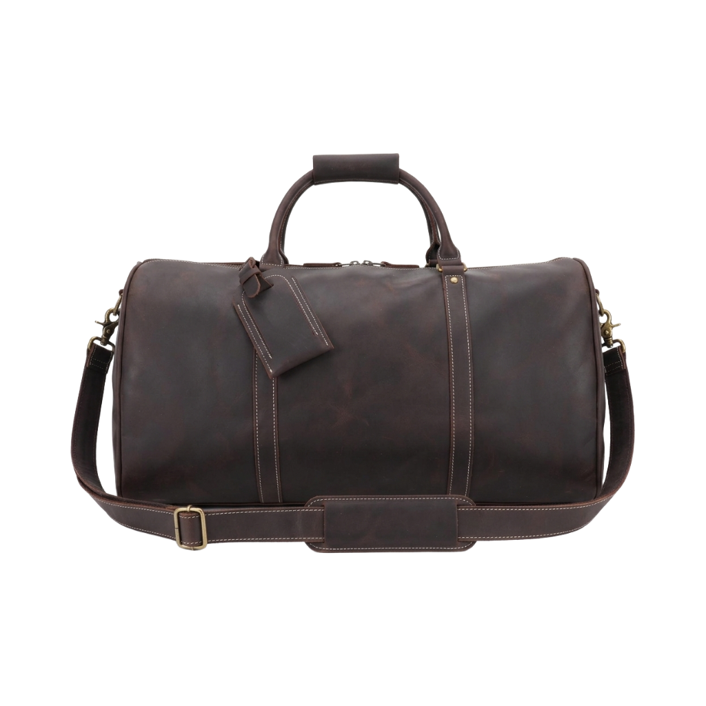 Men's Full-Grain Leather Duffle Bag with Luggage Tag — front view in Coffee
