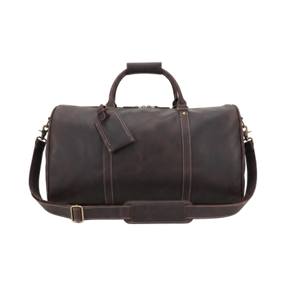 Men's Full-Grain Leather Duffle Bag with Luggage Tag — front view in Coffee