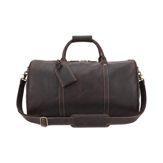 Men's Full-Grain Leather Duffle Bag with Luggage Tag — front view in Coffee