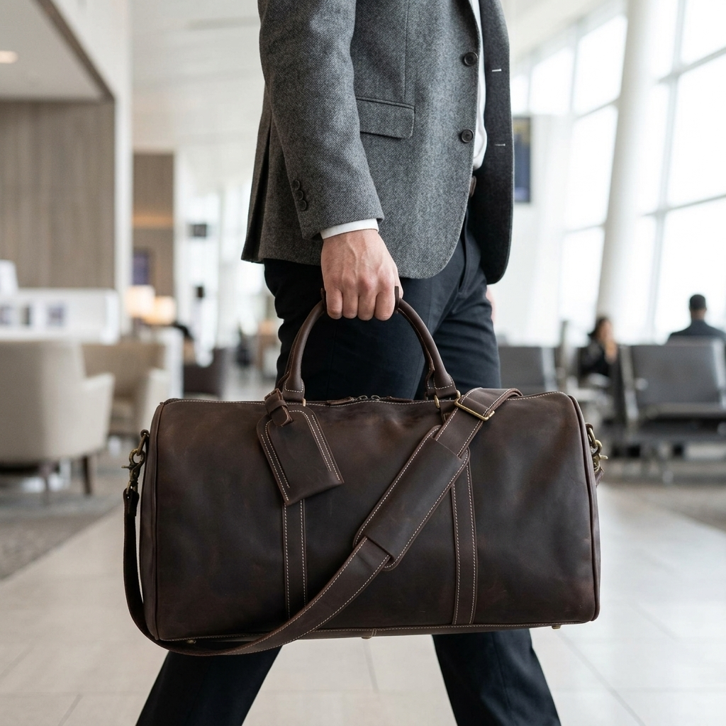 Men's Full-Grain Leather Duffle Bag with Luggage Tag — carried by the handles by a man in a grey blazer