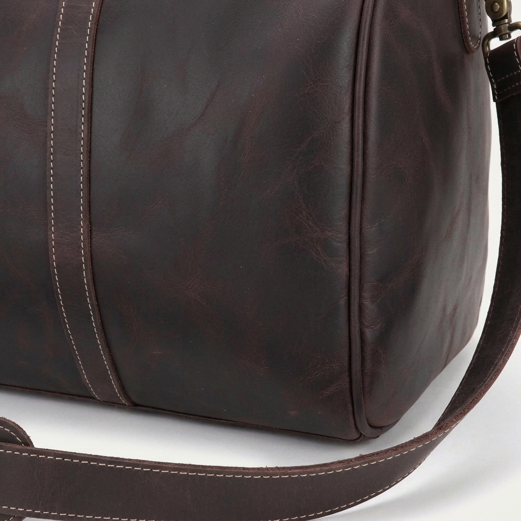Men's Full-Grain Leather Duffle Bag with Luggage Tag — close-up of the leather corner and stitching