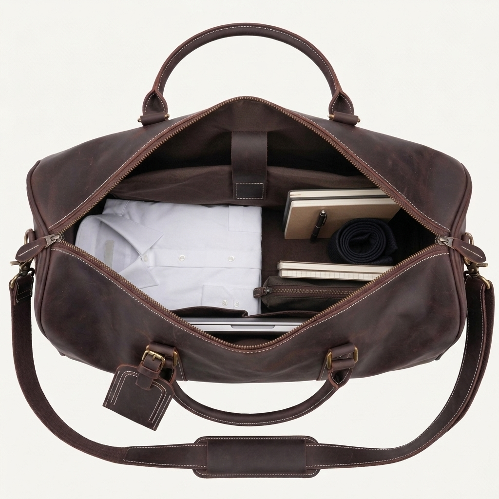 Men's Full-Grain Leather Duffle Bag with Luggage Tag — open from above with a shirt, notebooks and a laptop inside