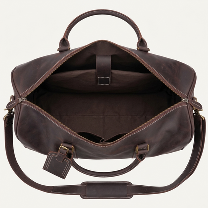 Men's Full-Grain Leather Duffle Bag with Luggage Tag — open from above, empty interior