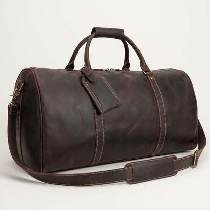 Men's Full-Grain Leather Duffle Bag with Luggage Tag — three-quarter front view