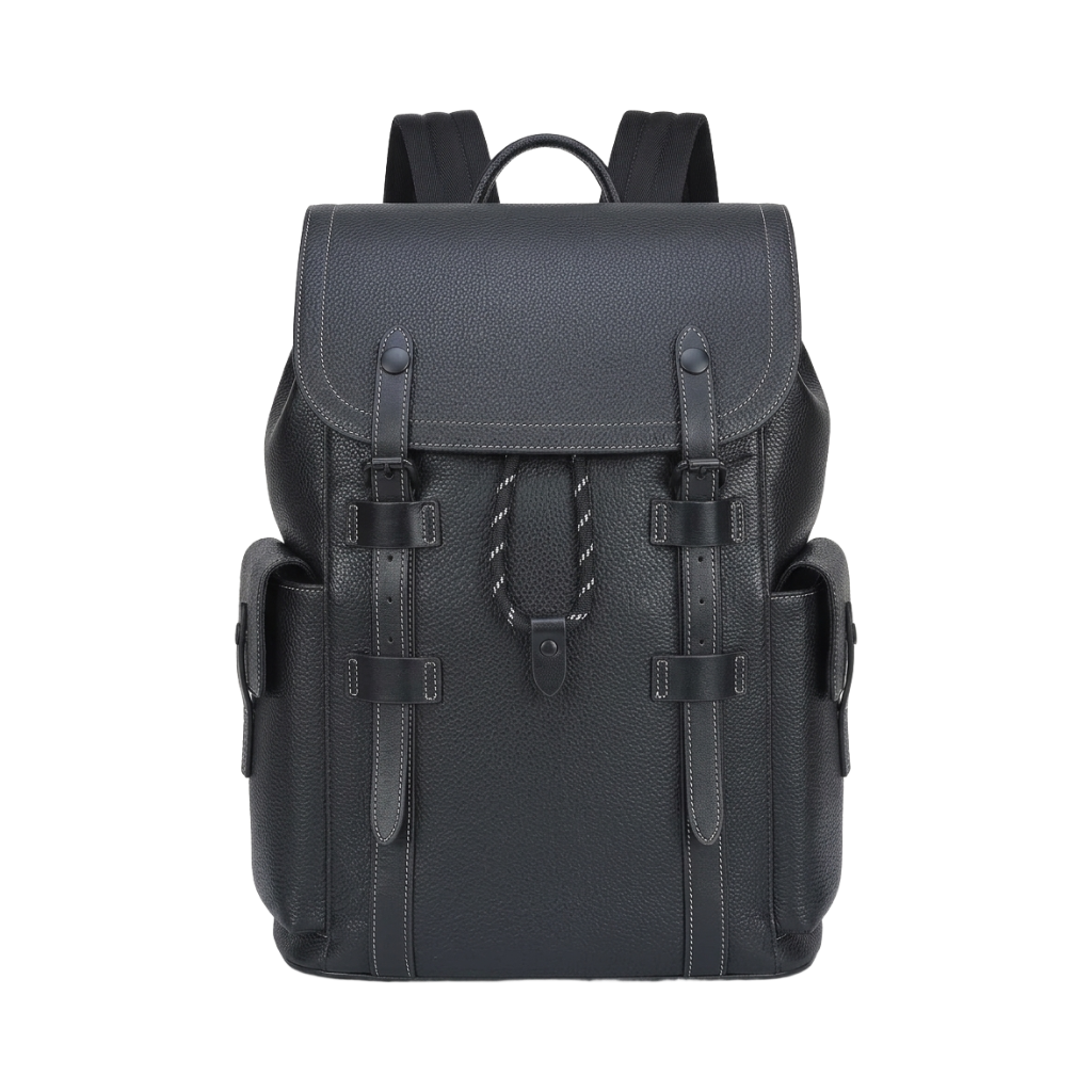 Men's Full-Grain Leather Flap Backpack with Drawstring Closure — front view in Black