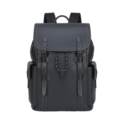 Men's Full-Grain Leather Flap Backpack with Drawstring Closure — front view in Black