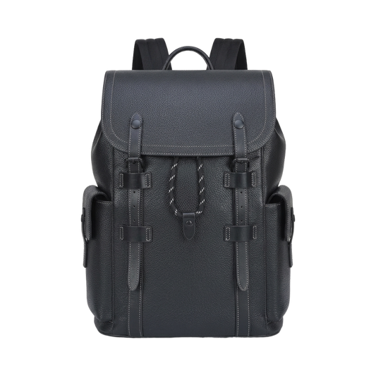 Men's Full-Grain Leather Flap Backpack with Drawstring Closure — front view in Black