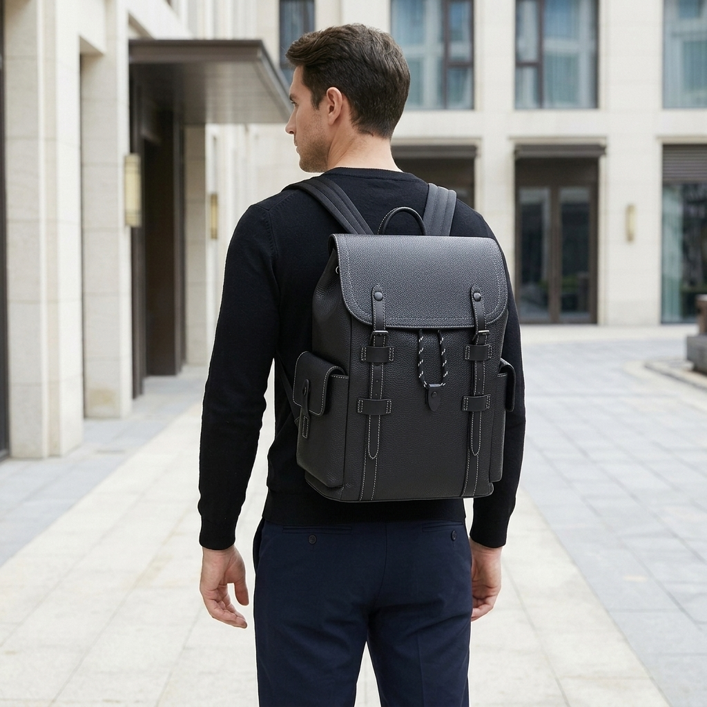 Men's Full-Grain Leather Flap Backpack with Drawstring Closure — worn on the back by a man in a black knit shirt, rear view