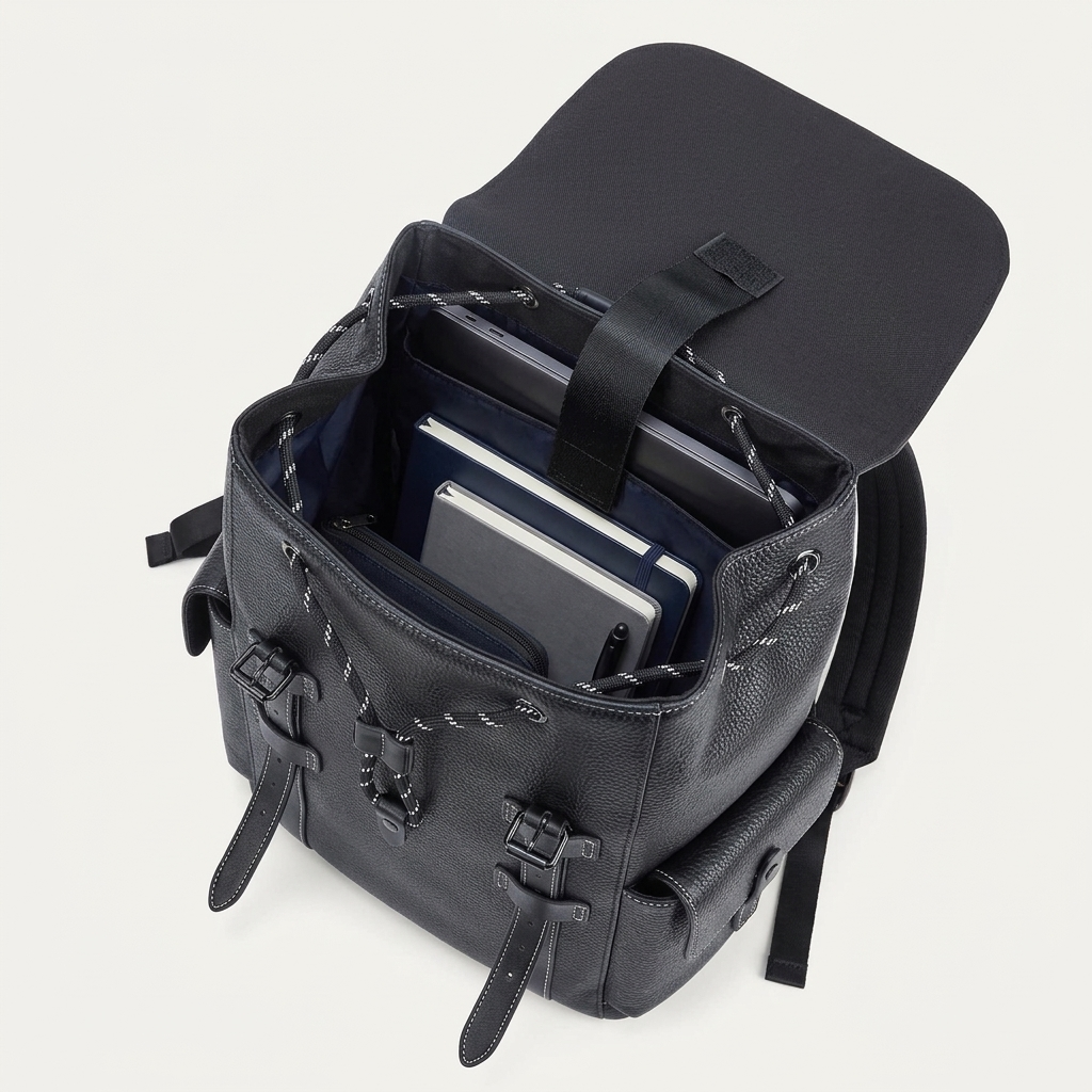Men's Full-Grain Leather Flap Backpack with Drawstring Closure — open with a laptop, notebooks, a pouch and a pen inside