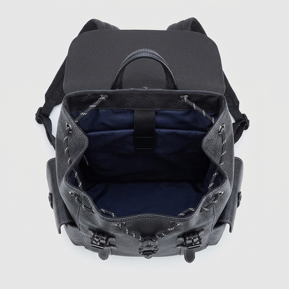 Men's Full-Grain Leather Flap Backpack with Drawstring Closure — open from above, empty interior