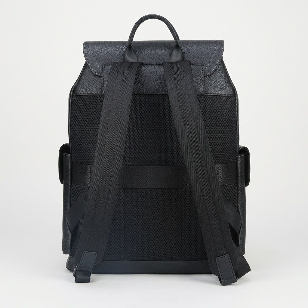 Men's Full-Grain Leather Flap Backpack with Drawstring Closure — back panel and shoulder straps