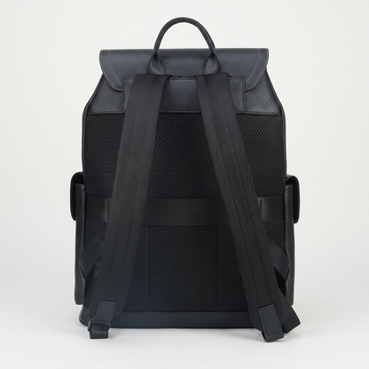 Men's Full-Grain Leather Flap Backpack with Drawstring Closure — back panel and shoulder straps