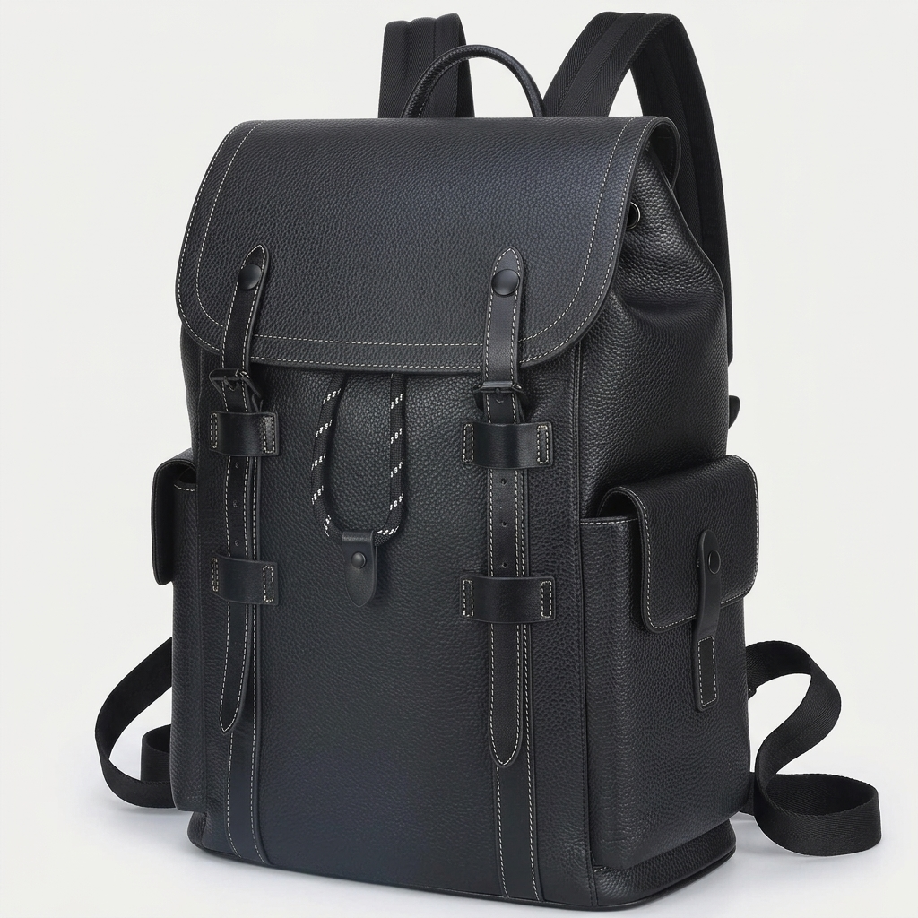 Men's Full-Grain Leather Flap Backpack with Drawstring Closure — three-quarter front view