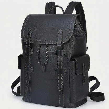 Men's Full-Grain Leather Flap Backpack with Drawstring Closure — three-quarter front view
