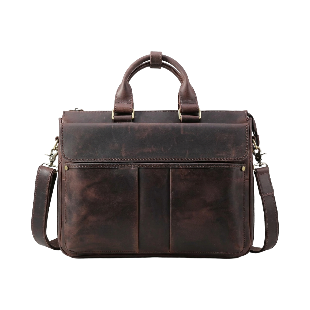 Men's Full-Grain Leather Flap-Over Briefcase — front view in Dark Brown