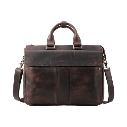 Men's Full-Grain Leather Flap-Over Briefcase — front view in Dark Brown