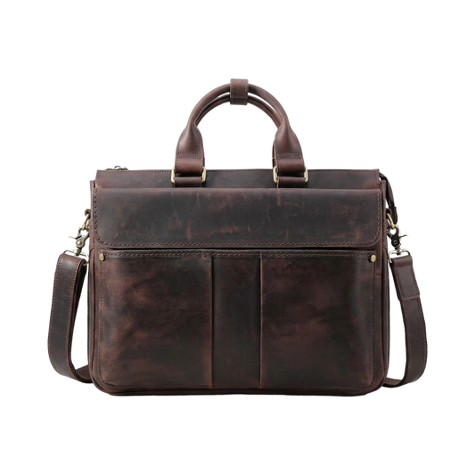 Men's Full-Grain Leather Flap-Over Briefcase — front view in Dark Brown