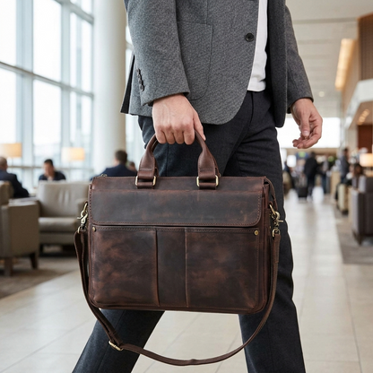 Men's Full-Grain Leather Flap-Over Briefcase — carried by the handle by a man in a grey blazer