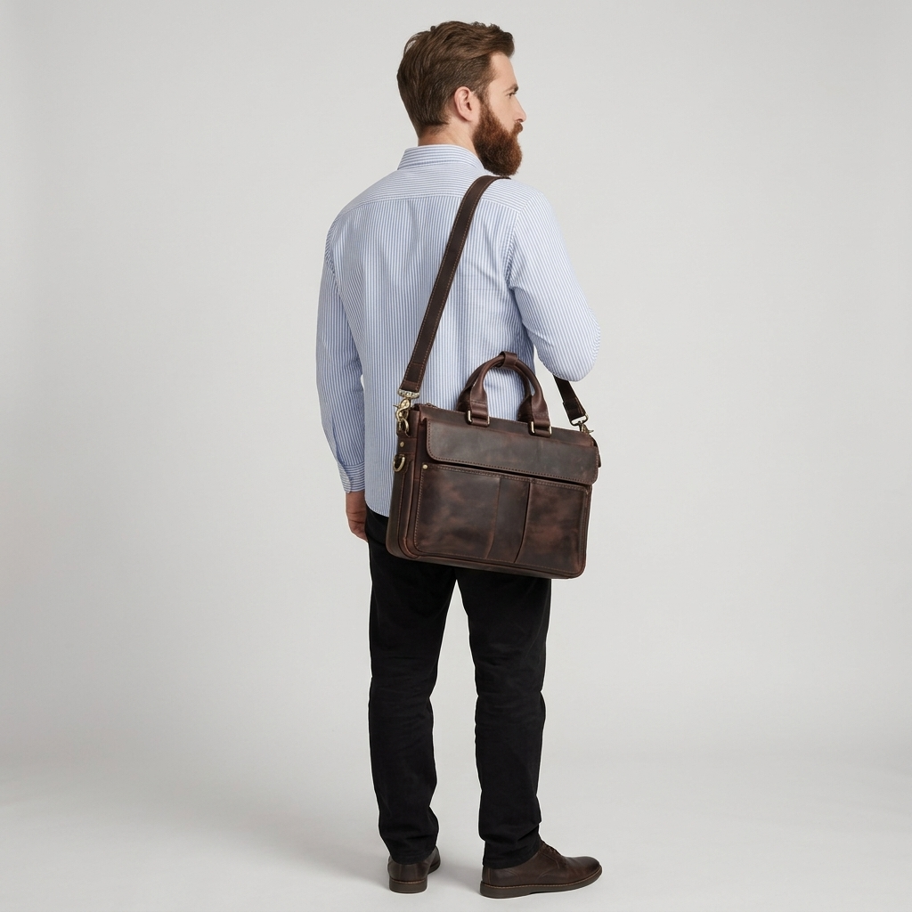 Men's Full-Grain Leather Flap-Over Briefcase — carried on the shoulder by a man in a striped shirt, rear three-quarter view