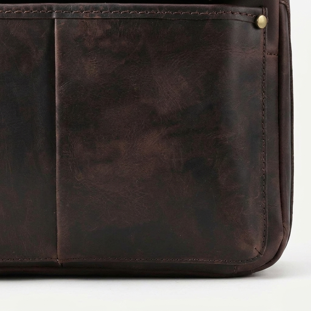 Men's Full-Grain Leather Flap-Over Briefcase — close-up of the leather corner and stitching