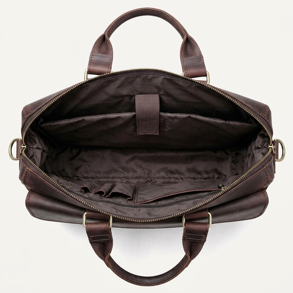 Men's Full-Grain Leather Flap-Over Briefcase — open from above, empty interior