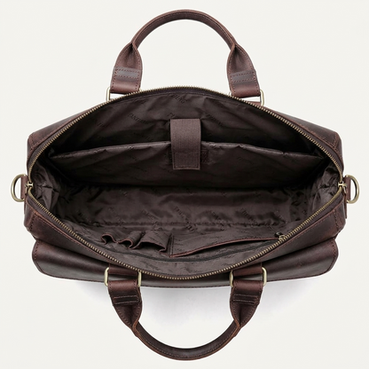Men's Full-Grain Leather Flap-Over Briefcase — open from above, empty interior