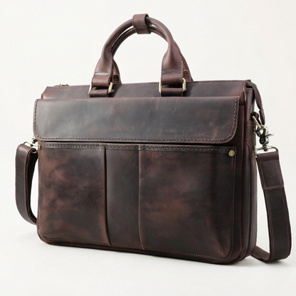 Men's Full-Grain Leather Flap-Over Briefcase — three-quarter front view
