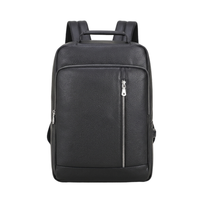 Men's Full-Grain Leather Laptop Backpack with USB Charging Port — front view in Black