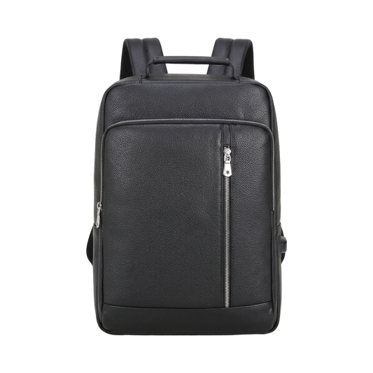 Men's Full-Grain Leather Laptop Backpack with USB Charging Port — front view in Black