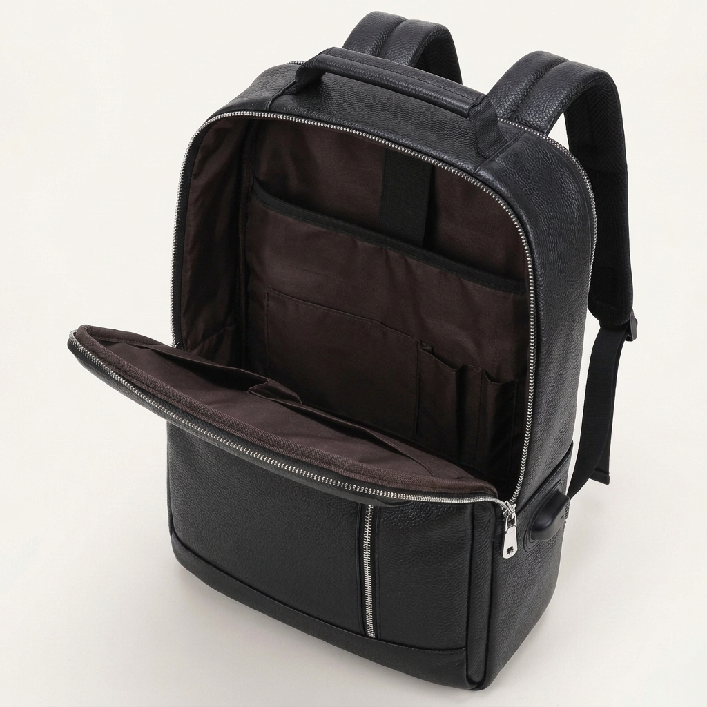 Men's Full-Grain Leather Laptop Backpack with USB Charging Port — open main compartment, empty