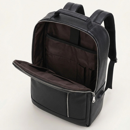 Men's Full-Grain Leather Laptop Backpack with USB Charging Port — open main compartment, empty