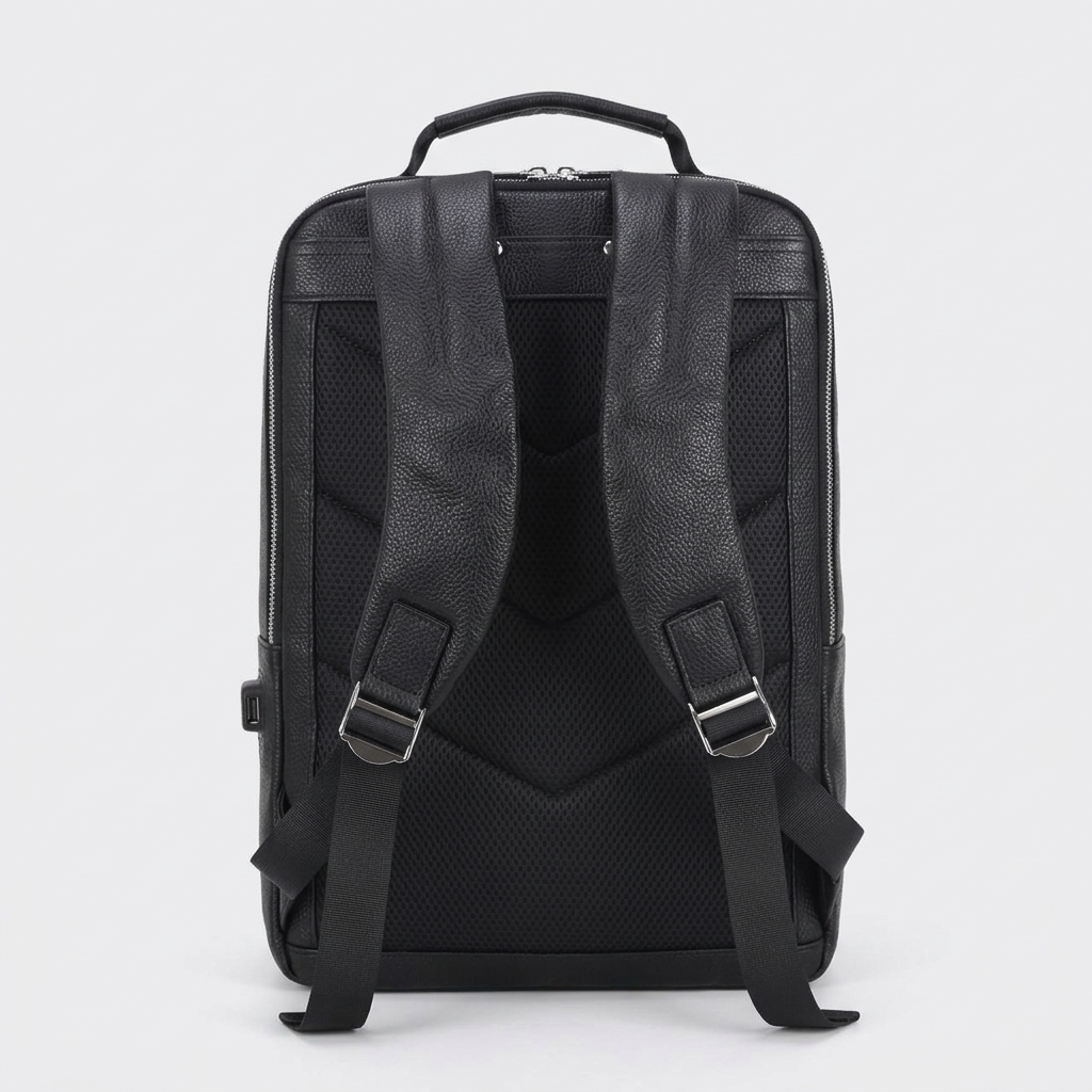 Men's Full-Grain Leather Laptop Backpack with USB Charging Port — back panel and shoulder straps