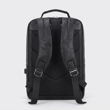 Men's Full-Grain Leather Laptop Backpack with USB Charging Port — back panel and shoulder straps
