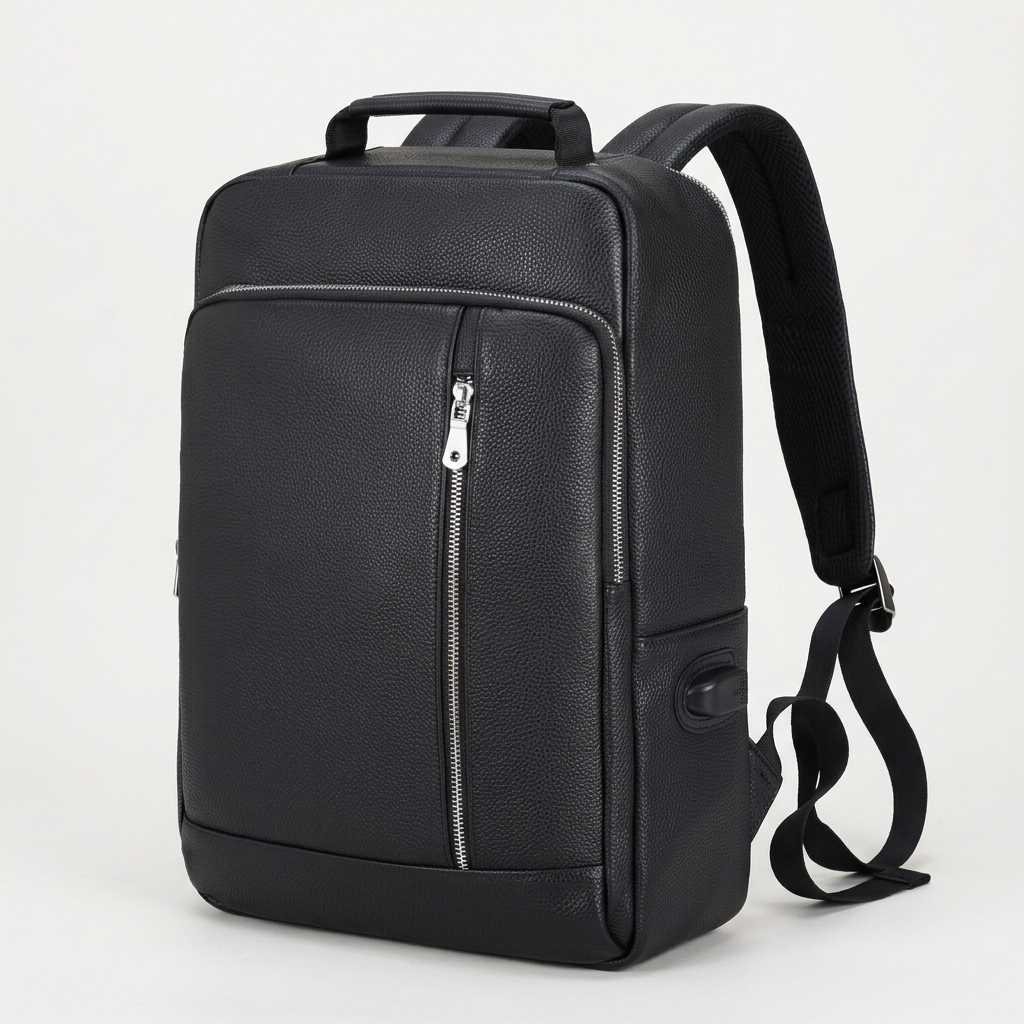 Men's Full-Grain Leather Laptop Backpack with USB Charging Port — three-quarter front view