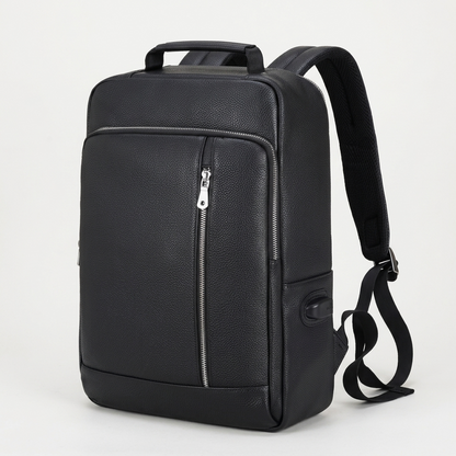 Men's Full-Grain Leather Laptop Backpack with USB Charging Port — three-quarter front view