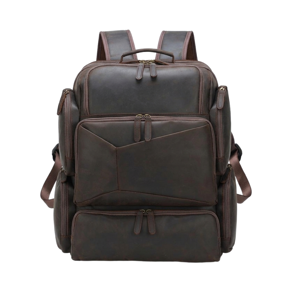 Men's Full-Grain Leather Large Travel Backpack with Luggage Sleeve — front view in Dark Brown