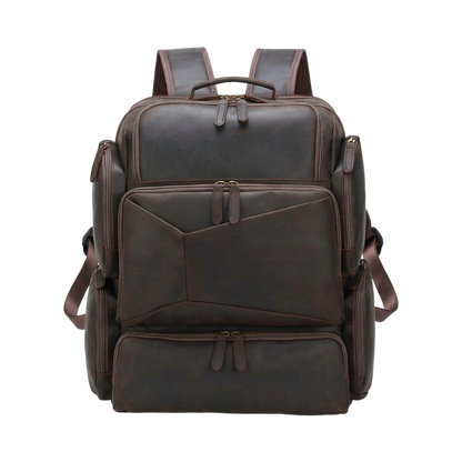Men's Full-Grain Leather Large Travel Backpack with Luggage Sleeve — front view in Dark Brown