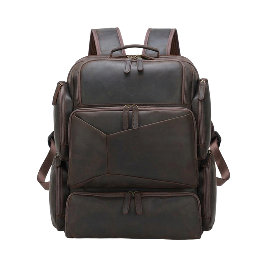 Men's Full-Grain Leather Large Travel Backpack with Luggage Sleeve — front view in Dark Brown