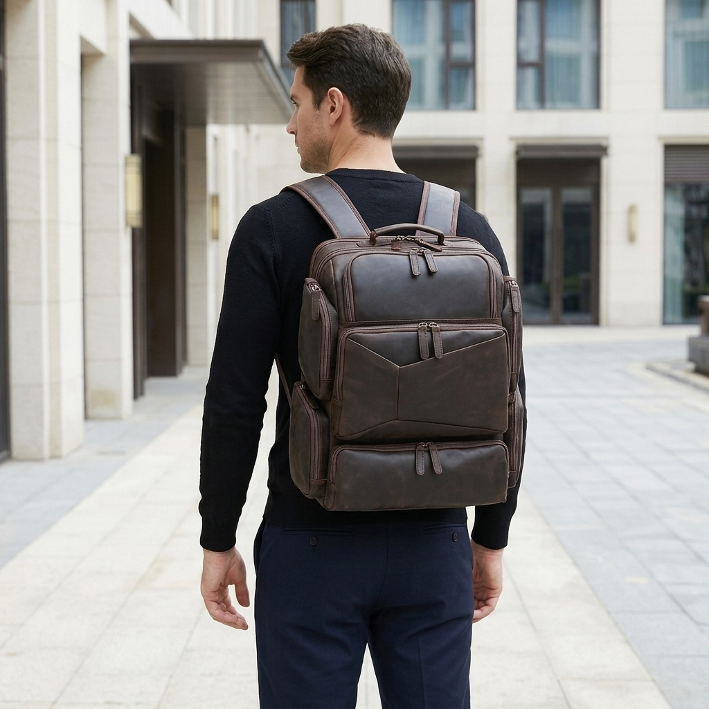 Men's Full-Grain Leather Large Travel Backpack with Luggage Sleeve — worn on the back by a man in a black knit shirt, rear view