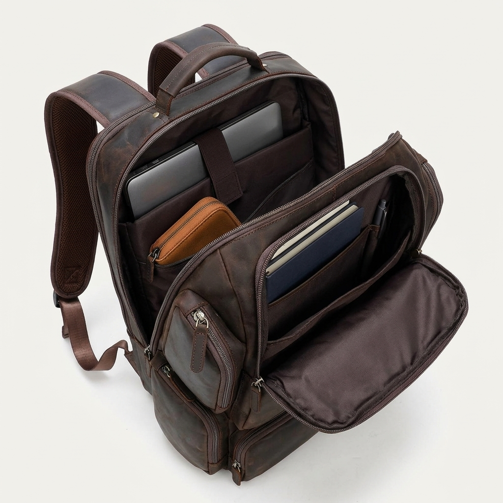 Men's Full-Grain Leather Large Travel Backpack with Luggage Sleeve — open with a laptop, notebooks, a pouch and a pen inside