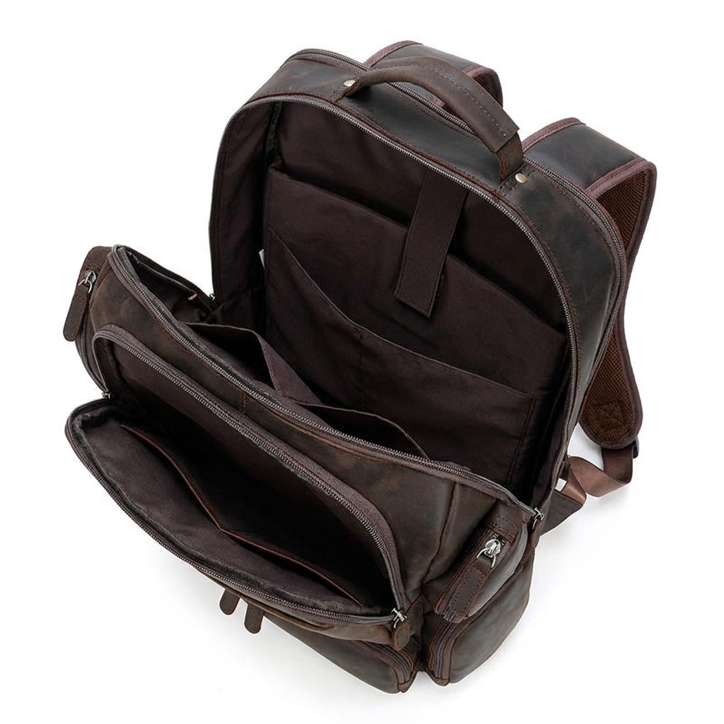 Men's Full-Grain Leather Large Travel Backpack with Luggage Sleeve — open from above, empty interior