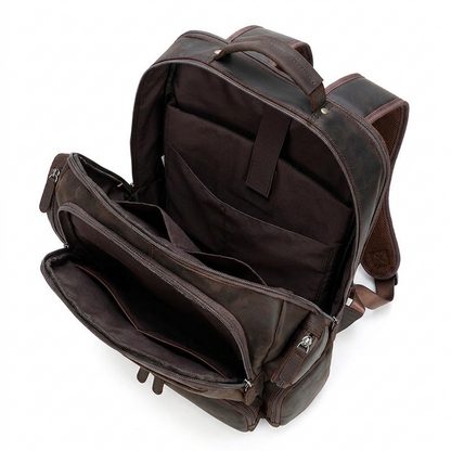 Men's Full-Grain Leather Large Travel Backpack with Luggage Sleeve — open from above, empty interior