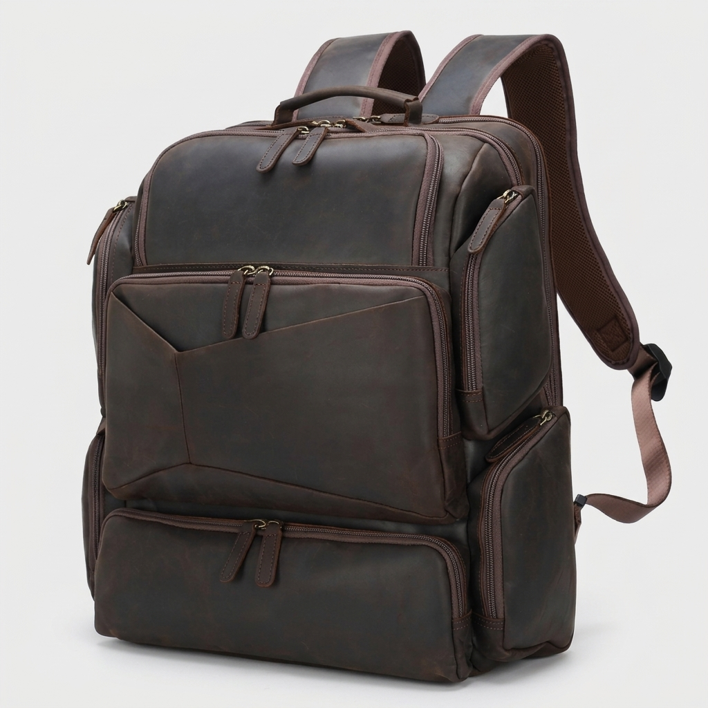 Men's Full-Grain Leather Large Travel Backpack with Luggage Sleeve — three-quarter front view