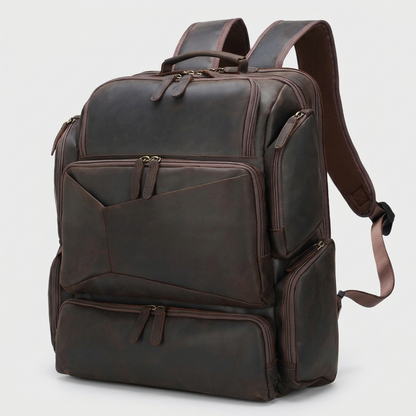 Men's Full-Grain Leather Large Travel Backpack with Luggage Sleeve — three-quarter front view