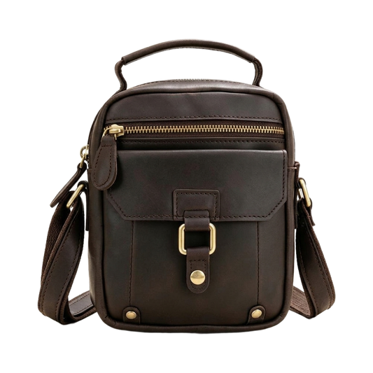 Men's Full-Grain Leather Mini Messenger Bag with Top Handle — front view in Dark Brown